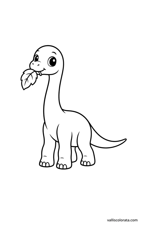 Brachiosaurus munching a leaf. A simple Pop Kawai L1 dinosaur coloring page with bold black outlines, large white spaces and no scenery.