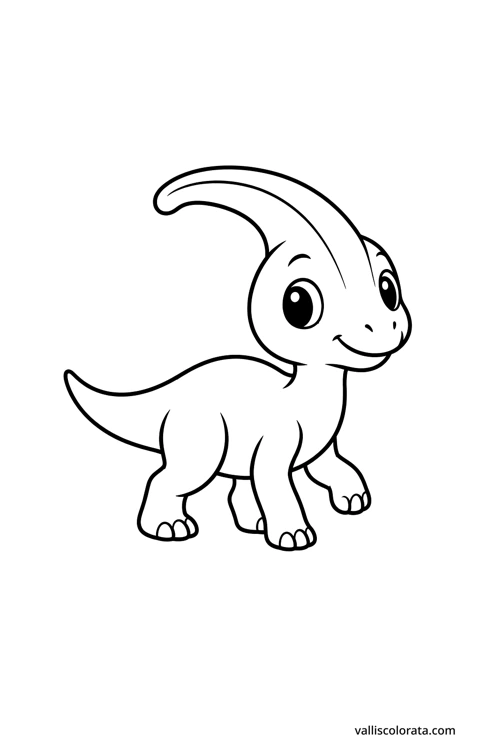 Parasaurolophus strolling. A simple Pop Kawai L1 dinosaur coloring page with bold black outlines, large white spaces and no scenery.