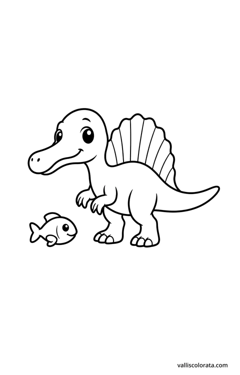 Spinosaurus beside a fish. A simple Pop Kawai L1 dinosaur coloring page with bold black outlines, large white spaces and no scenery.