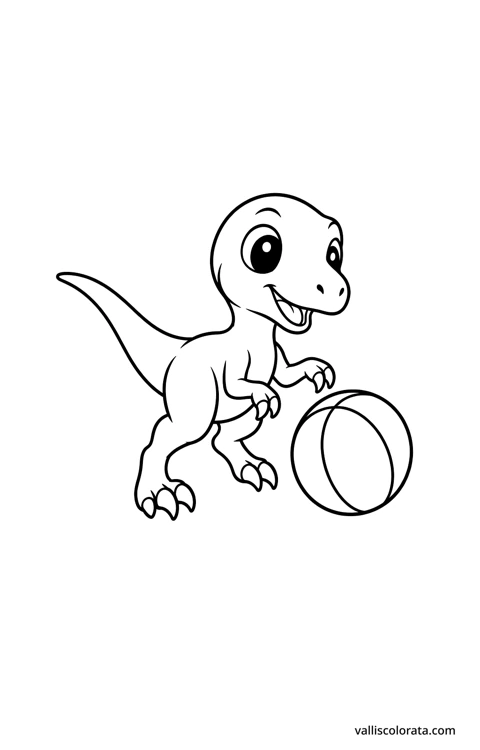 Velociraptor playing with a ball. A simple Pop Kawai L1 dinosaur coloring page with bold black outlines, large white spaces and no scenery.