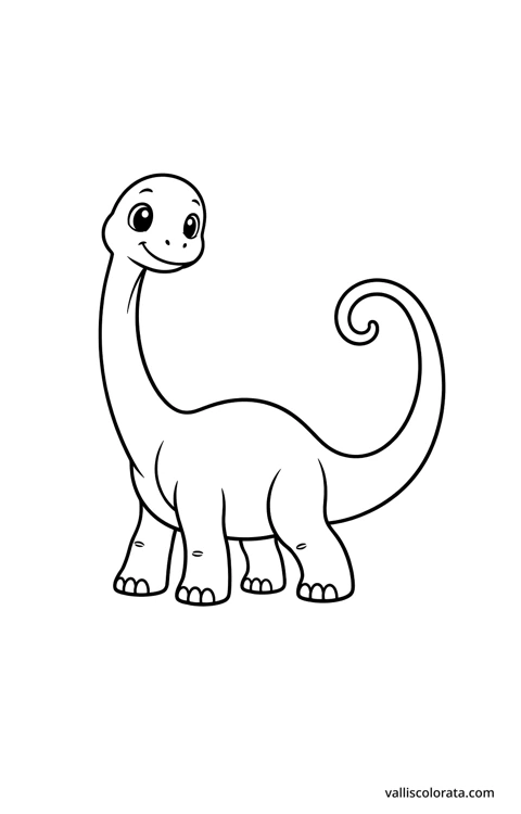 Diplodocus curling its tail. A simple Pop Kawai L1 dinosaur coloring page with bold black outlines, large white spaces and no scenery.