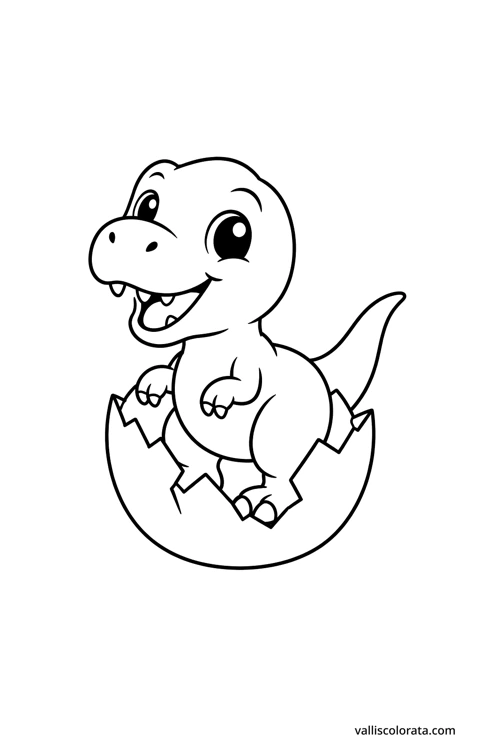 T. rex hatching from an egg. A simple Pop Kawai L1 dinosaur coloring page with bold black outlines, large white spaces and no scenery.