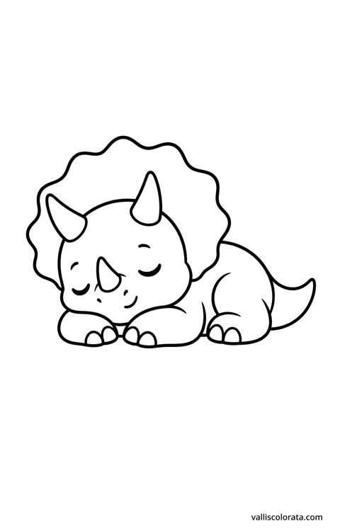 Sleeping baby triceratops. A simple Pop Kawai L1 dinosaur coloring page with bold black outlines, large white spaces and no scenery.