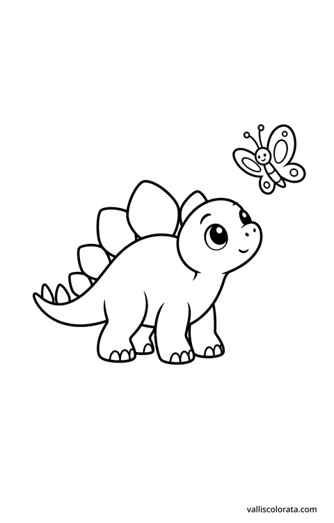 Stegosaurus watching a butterfly. A simple Pop Kawai L1 dinosaur coloring page with bold black outlines, large white spaces and no scenery.