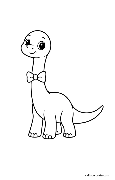 Brachiosaurus wearing a bow tie. A simple Pop Kawai L1 dinosaur coloring page with bold black outlines, large white spaces and no scenery.