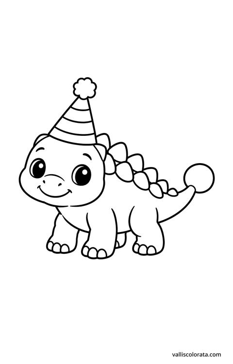 Ankylosaurus wearing a party hat. A simple Pop Kawai L1 dinosaur coloring page with bold black outlines, large white spaces and no scenery.