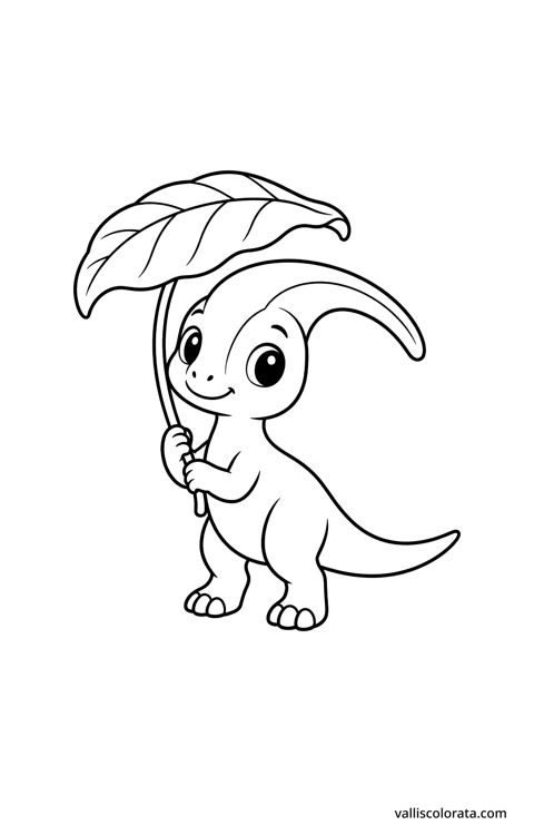 Parasaurolophus with a leaf umbrella. A simple Pop Kawai L1 dinosaur coloring page with bold black outlines, large white spaces and no scenery.