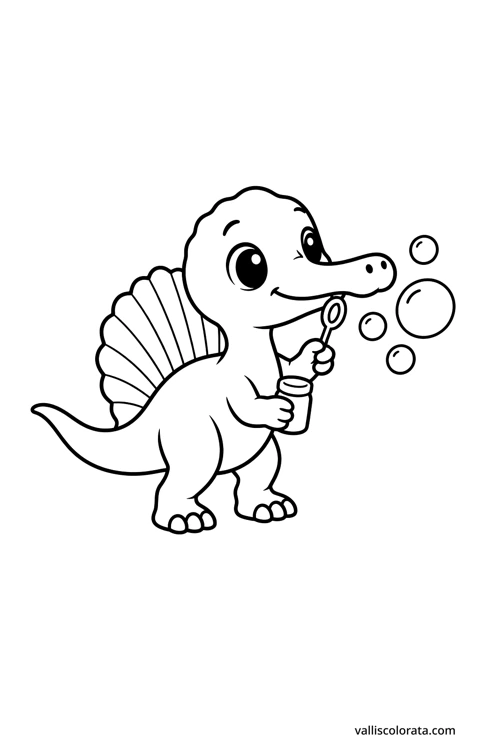 Spinosaurus blowing bubbles. A simple Pop Kawai L1 dinosaur coloring page with bold black outlines, large white spaces and no scenery.
