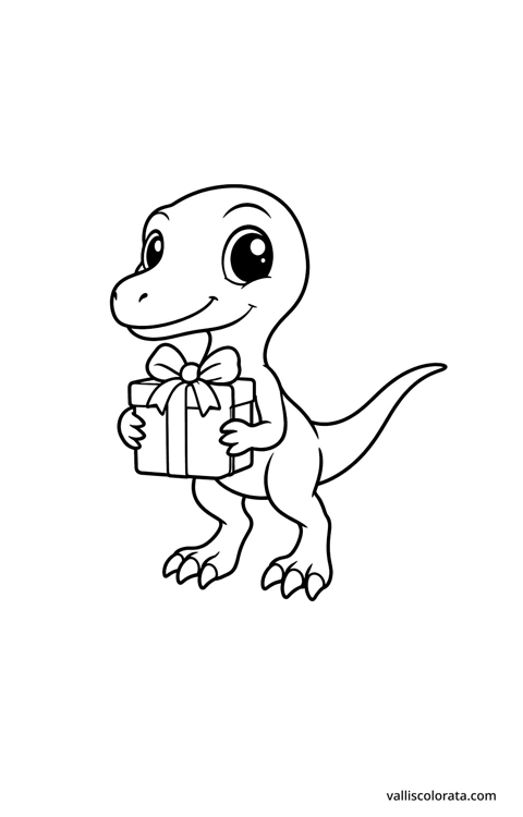 Velociraptor holding a gift. A simple Pop Kawai L1 dinosaur coloring page with bold black outlines, large white spaces and no scenery.