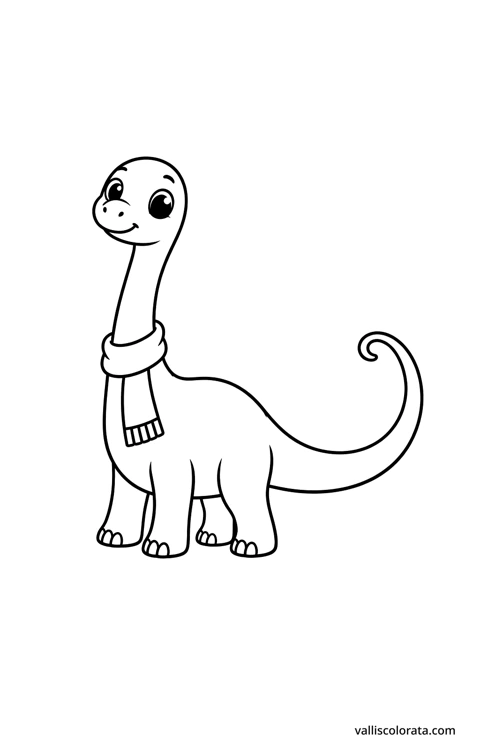 Diplodocus wearing a scarf. A simple Pop Kawai L1 dinosaur coloring page with bold black outlines, large white spaces and no scenery.