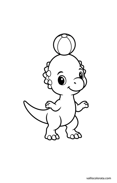 Pachycephalosaurus balancing a ball. A simple Pop Kawai L1 dinosaur coloring page with bold black outlines, large white spaces and no scenery.