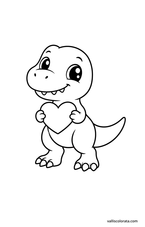 T. rex holding a heart. A simple Pop Kawai L1 dinosaur coloring page with bold black outlines, large white spaces and no scenery.