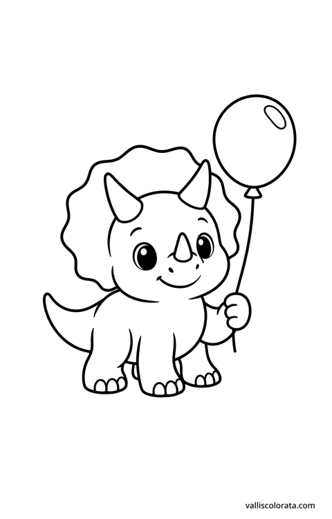 Triceratops with a balloon. A simple Pop Kawai L1 dinosaur coloring page with bold black outlines, large white spaces and no scenery.