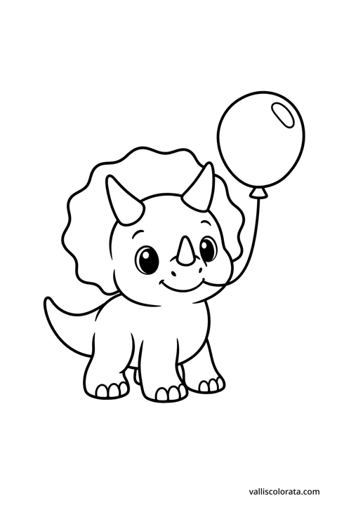 Triceratops s balonom. Jednostavna bojanka Pop Kawai L1 s jasnim crnim obrisima, velikim bijelim prostorima i bez pozadine.