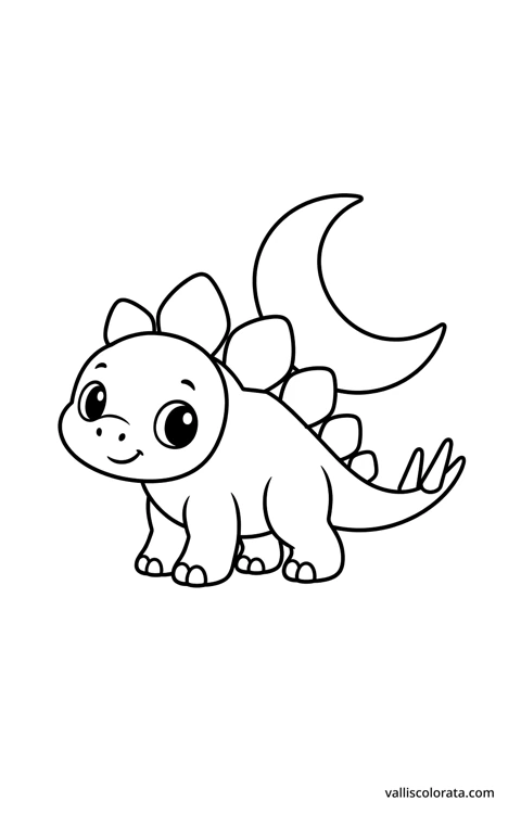 Stegosaurus beside a crescent moon. A simple Pop Kawai L1 dinosaur coloring page with bold black outlines, large white spaces and no scenery.