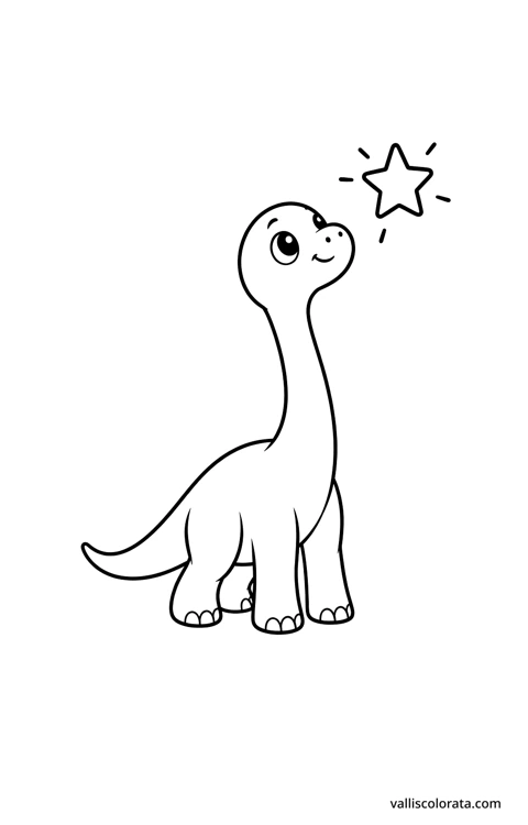 Brachiosaurus reaching toward a star. A simple Pop Kawai L1 dinosaur coloring page with bold black outlines, large white spaces and no scenery.