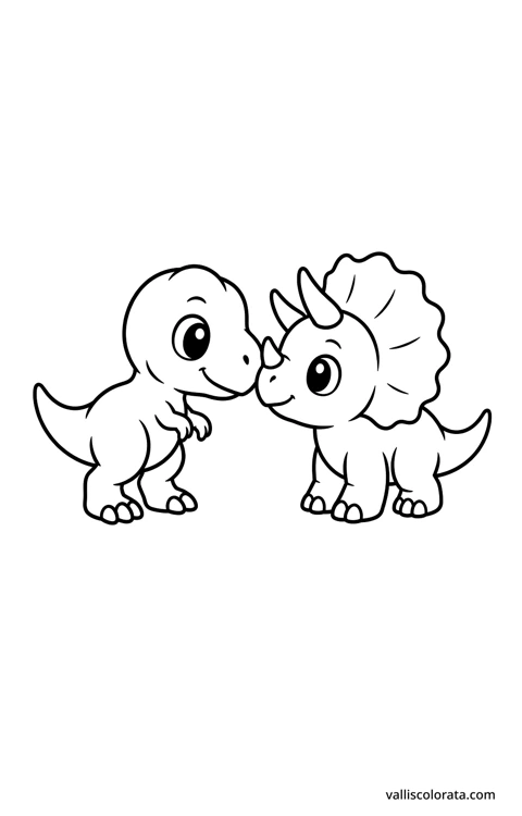 Two baby dinosaurs touching noses: one T. rex and one triceratops. A simple Pop Kawai L1 dinosaur coloring page with bold black outlines, large white spaces and no scenery.