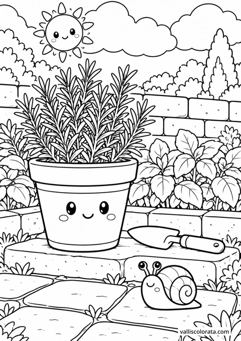 Rosemary on the Step. A Kawaii coloring page from Quiet Gardens. Download the branded PNG or A4 PDF.