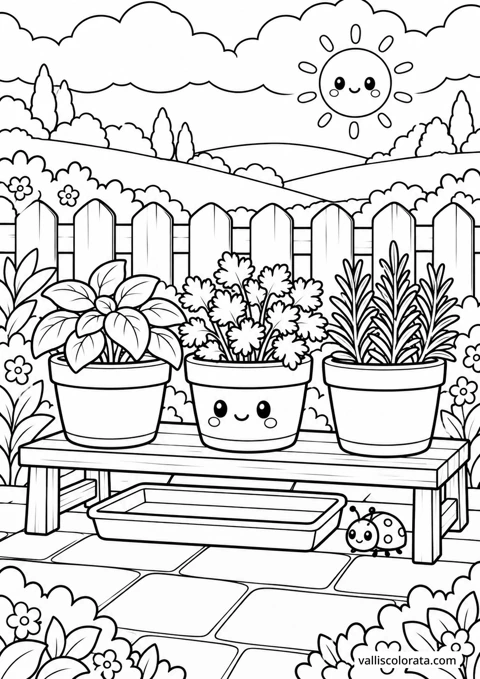 Three Pots on a Shelf. A Kawaii coloring page from Quiet Gardens. Download the branded PNG or A4 PDF.