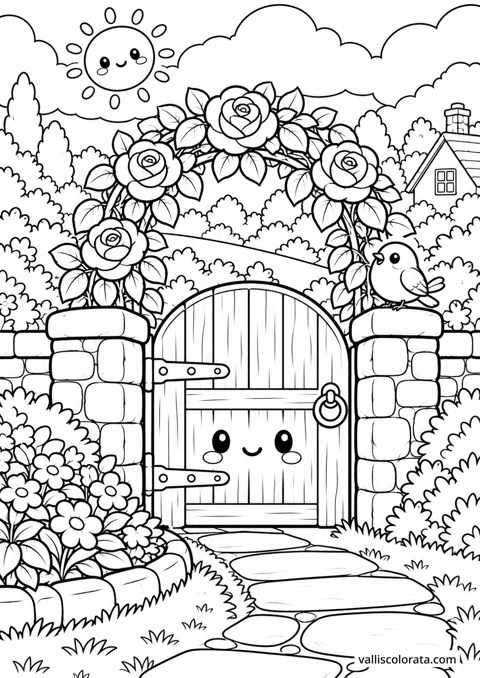 Rose Garden Gate. A Kawaii coloring page from Quiet Gardens. Download the branded PNG or A4 PDF.