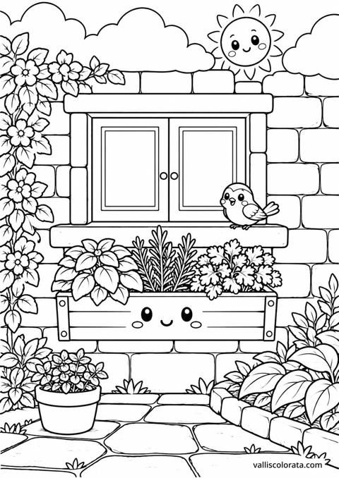 Herbs below the Window. A Kawaii coloring page from Quiet Gardens. Download the branded PNG or A4 PDF.