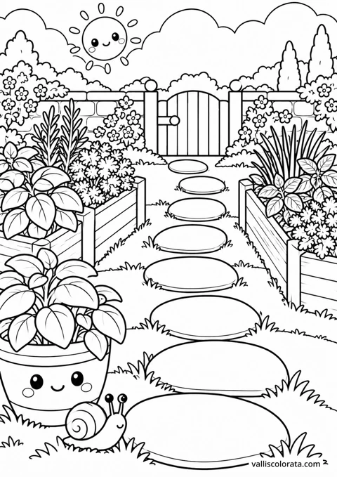 Stepping Stones through Herbs. A Kawaii coloring page from Quiet Gardens. Download the branded PNG or A4 PDF.