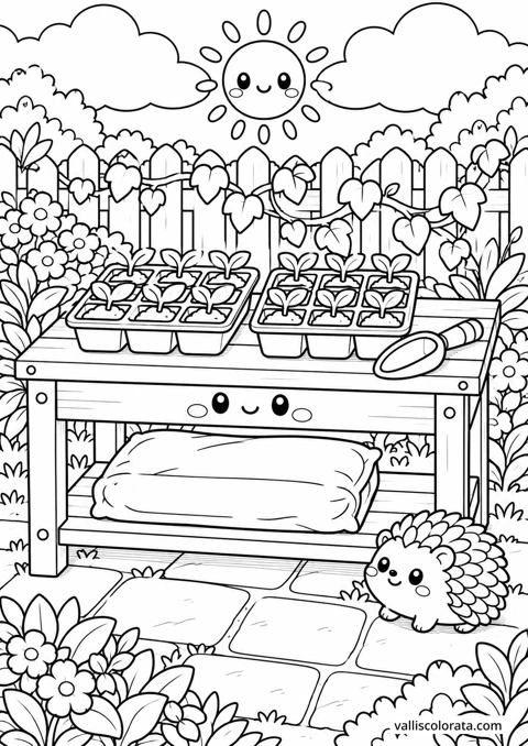 Seedlings on the Potting Bench. A Kawaii coloring page from Quiet Gardens. Download the branded PNG or A4 PDF.