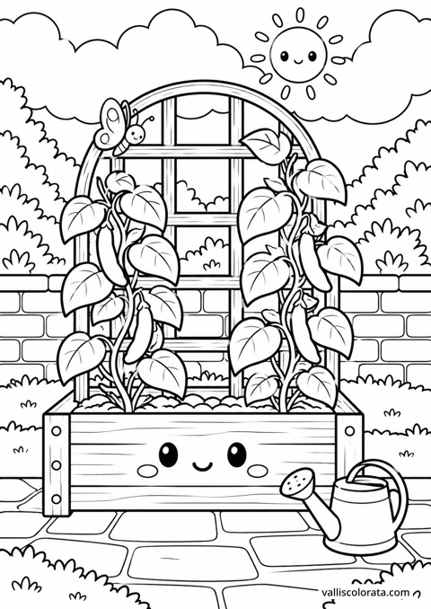 Climbing Beans on the Trellis. A Kawaii coloring page from Quiet Gardens. Download the branded PNG or A4 PDF.