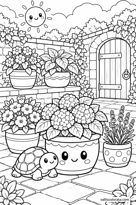 Courtyard of Pots. A Kawaii coloring page from Quiet Gardens. Download the branded PNG or A4 PDF.