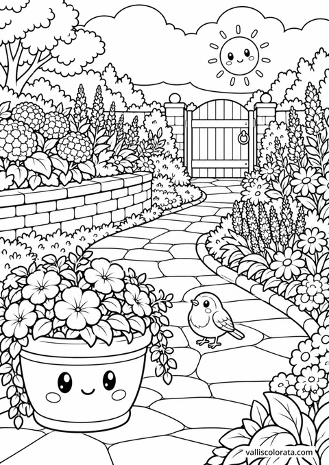 Winding Garden Path. A Kawaii coloring page from Quiet Gardens. Download the branded PNG or A4 PDF.