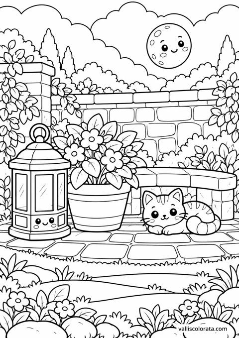 Lantern in the Sheltered Corner. A Kawaii coloring page from Quiet Gardens. Download the branded PNG or A4 PDF.