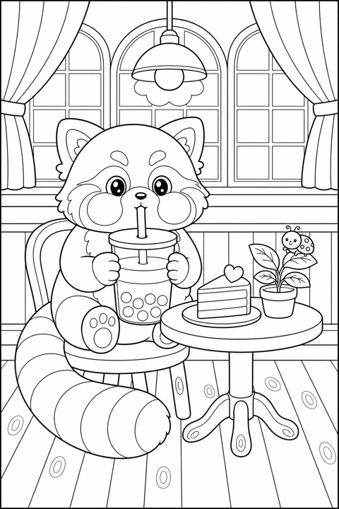 A raccoon enjoys bubble tea at a café table with a slice of cake and a potted plant.