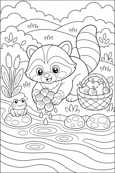 A raccoon gathers berries beside a stream, with a full basket and a frog nearby.