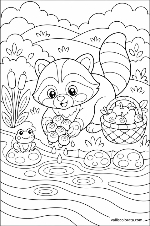 A raccoon gathers berries beside a stream, with a full basket and a frog nearby.