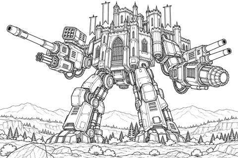 A colossal walking machine carries a fortress above a rocky valley, with distant mountains and trees.
