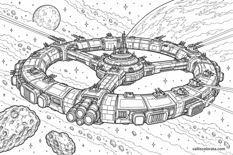 Annular Aegis — Ring Battleship. A Realistic coloring page from Space Battleships. Download the branded PNG or A4 PDF.