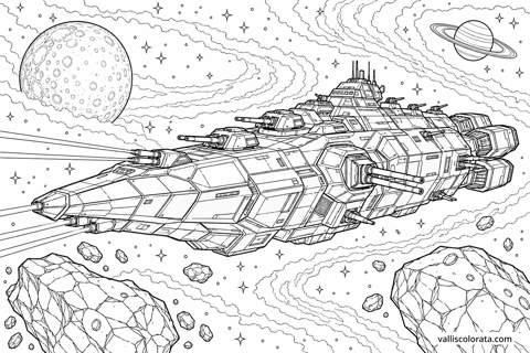 Prizmatsko koplje — fasetirani bojni brod. Bojanka iz kolekcije Svemirski bojni brodovi. Preuzmite PNG s oznakom Vallis Colorata ili A4 PDF.