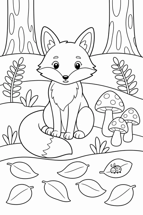A red fox sits between woodland trees with three mushrooms and a small ladybird.