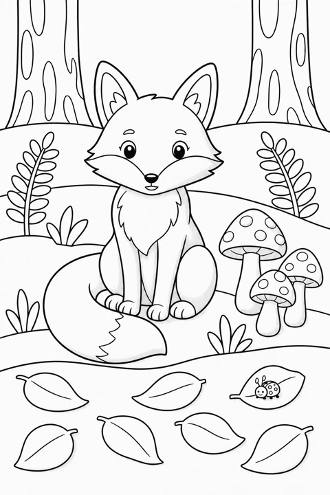 A red fox sits between woodland trees with three mushrooms and a small ladybird.