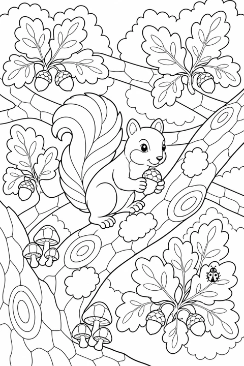 A red squirrel holds an acorn on an oak branch amid broad leaves and small acorn clusters.