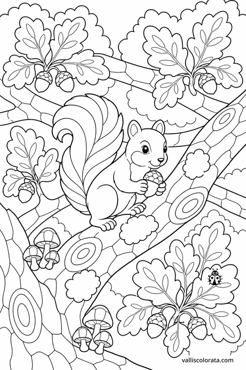 A red squirrel holds an acorn on an oak branch amid broad leaves and small acorn clusters.