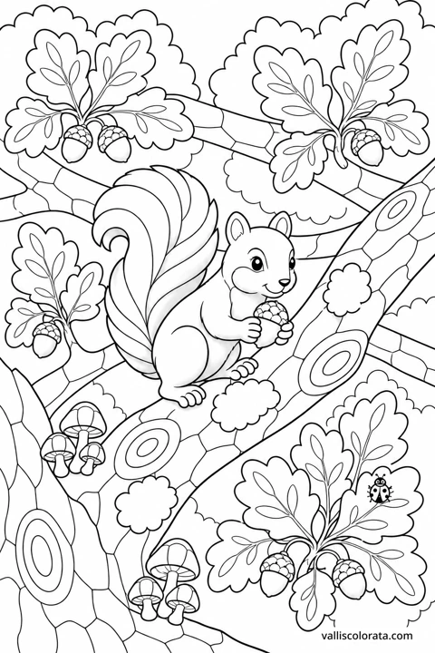 A red squirrel holds an acorn on an oak branch amid broad leaves and small acorn clusters.