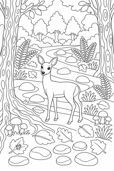 A roe deer stands beside a winding woodland stream with trees, ferns, stones and fallen leaves.