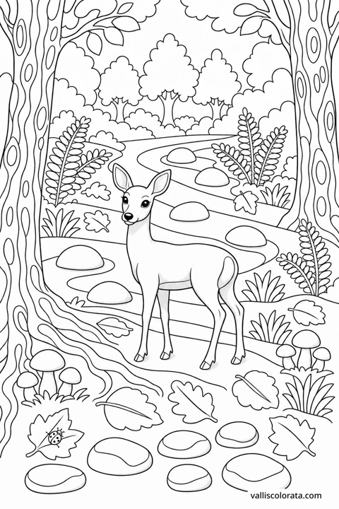 A roe deer stands beside a winding woodland stream with trees, ferns, stones and fallen leaves.