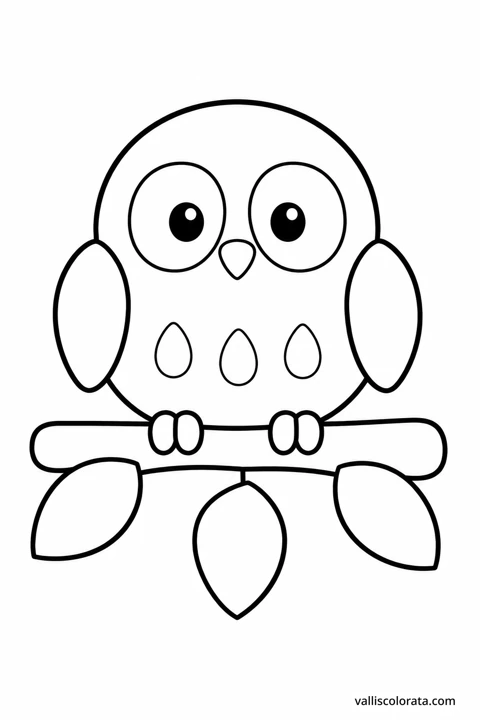 A round owl sits on a branch with three large leaves, surrounded by open white space.