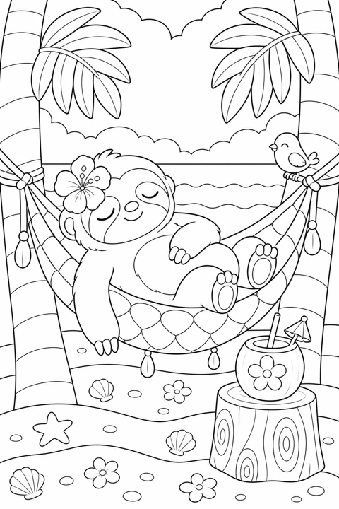 A sloth relaxes in a hammock between palm trees, with a drink and shells on a tropical beach.