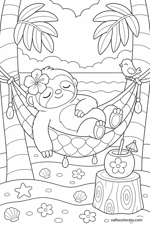 A sloth relaxes in a hammock between palm trees, with a drink and shells on a tropical beach.