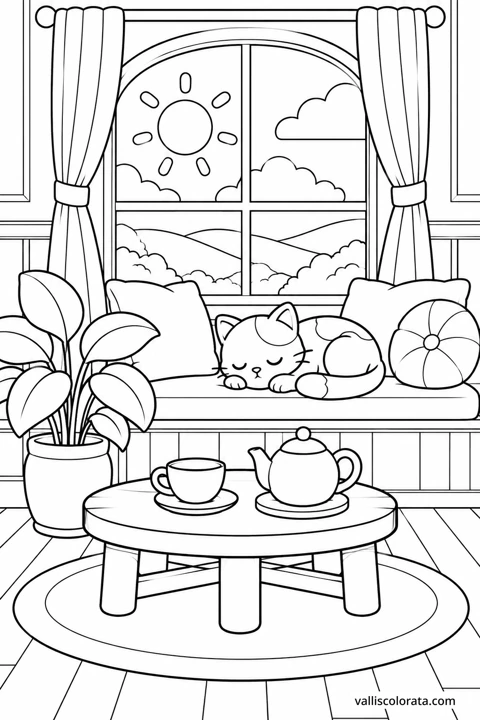 Morning Tea by the Window. A Kawaii coloring page from Small Quiet Moments. Download the branded PNG or A4 PDF.