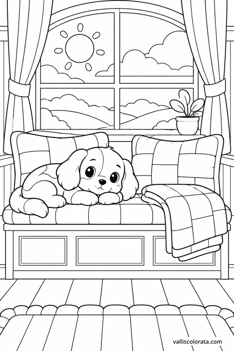 A Cushion in the Window Seat. A Kawaii coloring page from Small Quiet Moments. Download the branded PNG or A4 PDF.