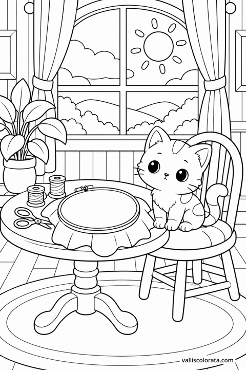 The Little Sewing Corner. A Kawaii coloring page from Small Quiet Moments. Download the branded PNG or A4 PDF.
